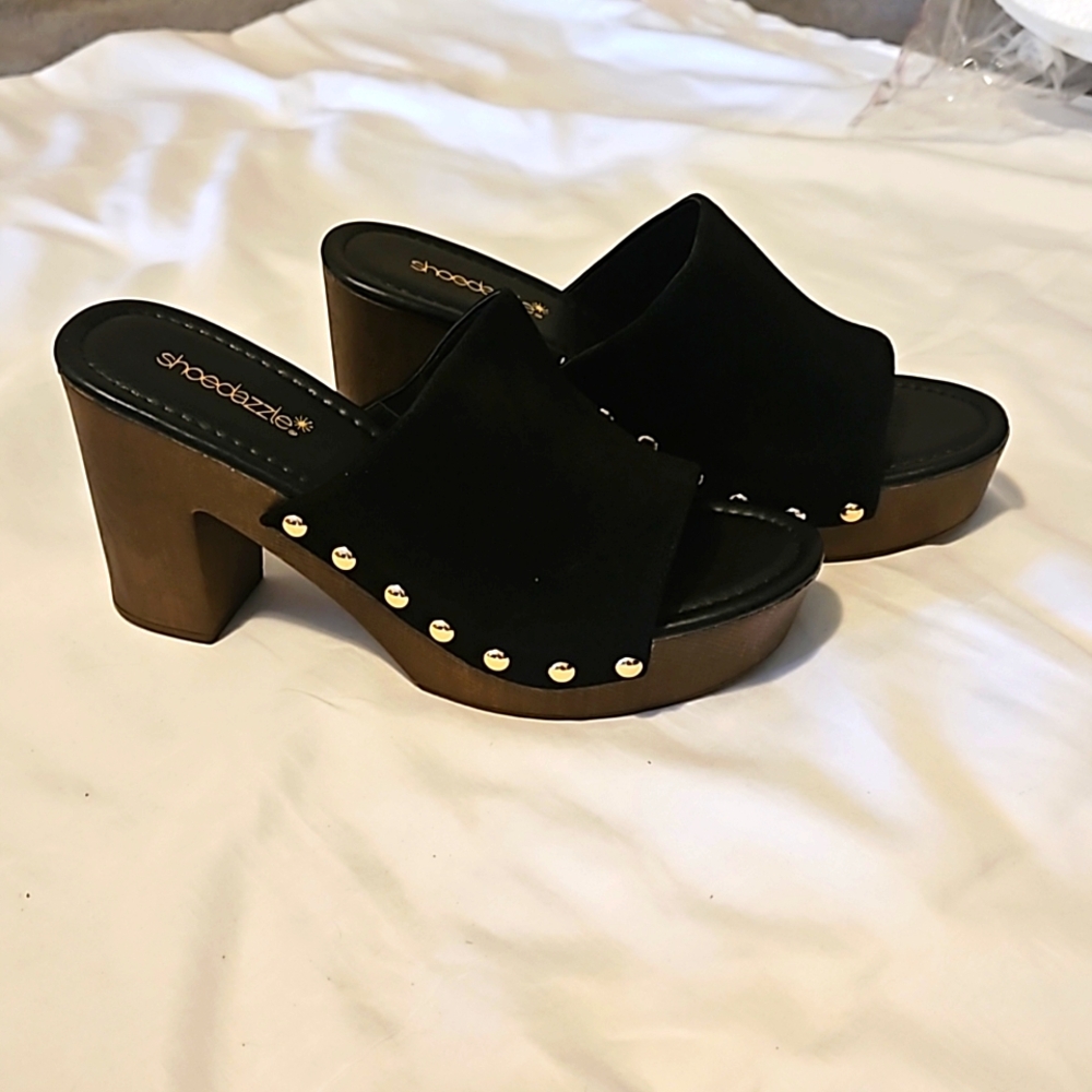 Shoe Dazzle Black Suede Studded Platform Mules